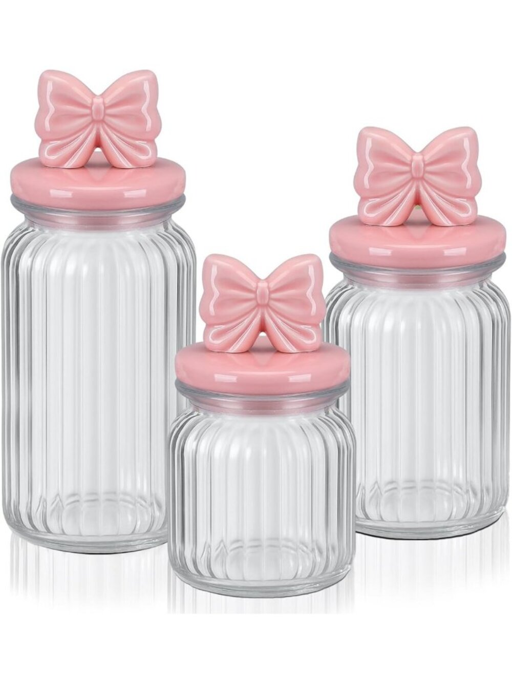 3-Piece Pink Bow Glass Jars Set - Airtight Food Storage for Cookies & Snacks